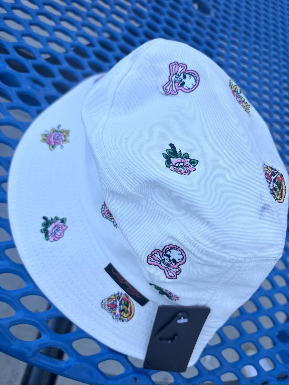 Ed Hardy Bucket Hat with Pink Floral & Skull Embroidered Accents